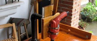 Homemade drill stand made from wooden elements